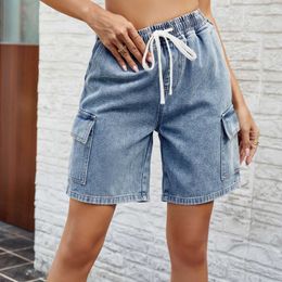 Womens Spring/summer New Water Washed Lace Up Elastic Waist 5/4 Denim Shorts Trendy
