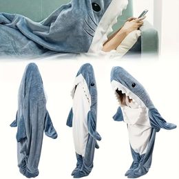 1pc Pattern Adult with Cartoon Animal Cute and Interesting Blue Shark Flannel Hoodie Wearable Sofa Bed Car Camping Blanket Gift