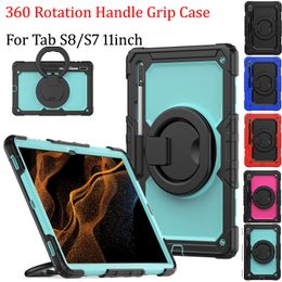 360 Rotatable Handle Grip Tablet Case For Samsung Galaxy Tab S8 S7 11 inch Heavy Duty Rugged Kids Safe Shockproof Stand Cover Cases with S Pen Holder Shoulder Strap
