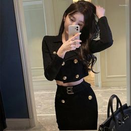 Two Piece Dress Woman's Autumn/winter Fragrance Short Texture Suit Skirt Set Black Hepburn Double-breasted Bag Hip Overskirt Two-piece