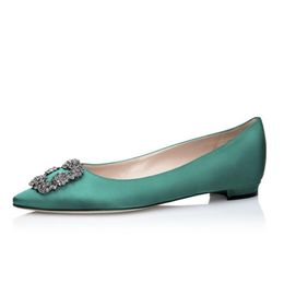 Summer Walk Dress Shoe Women Ballerinas Flat Sandals Famous BALLERIMU Green Deep Teal Satin Jewel Buckle Flat Shoes Italy Pointed Toes Design Ballet Dance Shoe Box