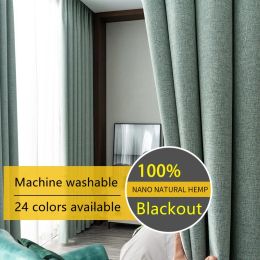 Curtains Linen 100% Blackout Curtains for Living Room High Shading Luxury Solid Colour Window Treatment Curtain for Bedroom Grommet