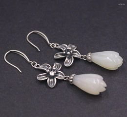 Dangle Earrings Real Solid 925 Sterling Silver Natural Jade Retro Flower Women Lucky