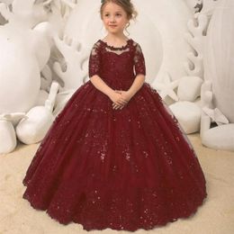 Girl Dresses Half Sleeve Shiny Sequins Banquet Flower Dress Ball Gown Tulle Christmas Party Puffy Bow Princess First Communion