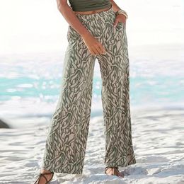 Women's Pants Women Spring Summer Casual Elastic Waist Pockets Printing Long Trousers Straight Wide Leg Vacation Work