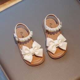 Children Shoes Bow Pearls Open-toe Summer Flats Kids Casual Girls Sandals Non-slip PU Simple Japanese Style for Dresses 240318