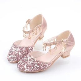 Fashion Kid Leather Shoe Summer Sequin Princess Shoe Crystal High Heel Sandals Kid Shoes Girl Dresses Mary Jane Girl Shoes 240319