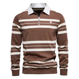 AIOPESON Brand Cotton Long Sleeve Mens Polo Shirts Cotton Striped Zipper Polo Shirts for Men Spring Designer Men Clothing 240313