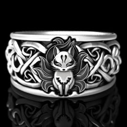 Vintage Nine Tailed Fox 14K White Gold Rings for Women Girls Viking Men Trendy Ring Jewellery Gifts Adjustable