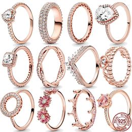 Cluster Rings Rose Gold Series Ring 925 Sterling Silver Exquisite Luxury Classic Heart Crown Square Charm Girls Jewellery Surprise Gift