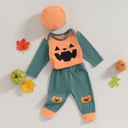 Clothing Sets Baby Boys Pants Set Casual Long Sleeve Crew Neck Grimace Print Romper With Pumpkin Sweatpants And Hat Halloween Clothes
