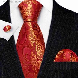 Neck Ties Neck Ties Designer Mens Ties Red Gold Floral Silk Neck Tie Pocket Square Cufflinks Set Wedding Gift BarryWang Clip Brooches 5988 Y240325
