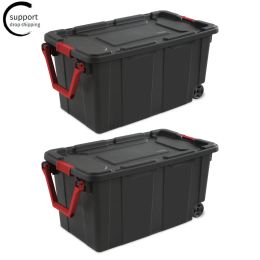 Bins Sterilite 2PCS 40 Gallon Industrial Tote Plastic Storage Bins Wheeled Large Storage Box Set , Black