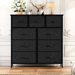 NEWBULIG Fabric Dresser 9 Drawers Chest of Closets Bedroom with Wooden Top, Thickened Steel Frame for Kids, Living Room, Hallway, Entryway, 9draws, Black