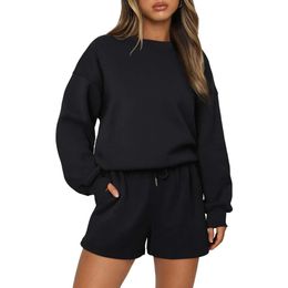 AUTOMET Womens Two Outfits 2 Piece Lounge Matching Sets Fleece Sweatsuit Sweat Shorts Fashion Fall Clothes Sweatshirt