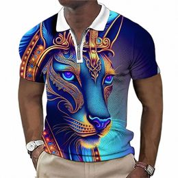 colorful Animal Polo Shirt For Men Summer Golf Short Sleeve Top Fierce Beast Print Zipper Polo T-Shirt Street Trend Men Clothing R2VO#