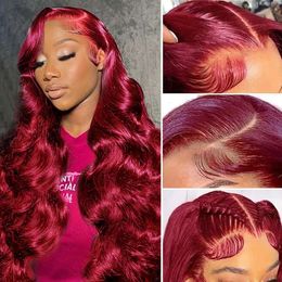 Ptgat 28 Inch Bury 180% Density 13x4 99j Body Wave Front Human Hair Wine Red Coloured Pre Plucked Glueless HD Lace Frontal Wigs for Women