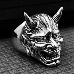 Retro Hannya Mask 14K White Gold Ring Japanese Style Men's Halloween Ring Hip Hop Rock Fashion Jewelry Gifts Adjustable