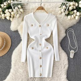 Casual Dresses Vestidos De Mujer V Neck Button Long-sleeved Knitted Bodycon Dress French Chic Autumn Solid Color Stretch Drop