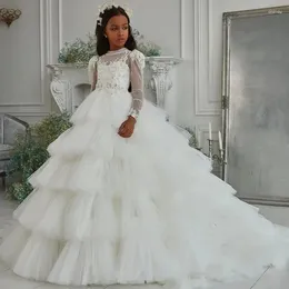 Girl Dresses O-neck Tiered Tulle Princess Flower Dress Ball Gown Puffy Banquet First Communion Long Sleeve Birthday Party