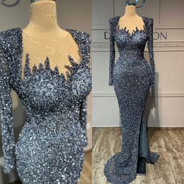 Stunning navy Mermaid Evening Dresses Sequins Crystal Long Sleeves Formal Party Prom Dress Pleats sheer neck Dresses for special occasion