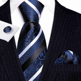 Neck Ties Designer Blue White Striped Tie for Mens Silk Necktie Pocket Square Cufflinks Set Wedding Business Gift Corbata BarryWang 6322 Y240325