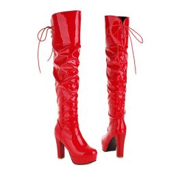 Boots New Hot Women High Keen Boots Patent Leather Waterproof Knee High Boots Red Party Fetish Boot Women's Shoes Autumn Winter 2022