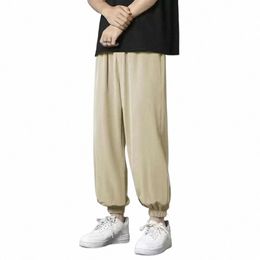 men Summer Sweatpants Elastic Waist Drawstring Pockets Solid Colour Wide Leg Loose Soft Breathable Casual Ankle Banded Exercise J 904O#