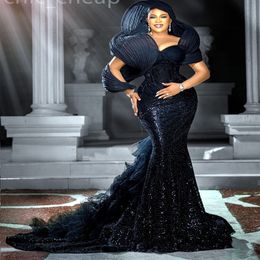 2024 Aso Ebi Stylish Black Mermaid Prom Dress Sequined Lace Evening Formal Party Second Reception 50th Birthday Engagement Gowns Dresses Robe De Soiree ZJ56