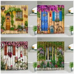 Curtains Street Flowers Plant Shower Curtain Retro Building Old Door Rural Scenery Background Wall Decor Hanging Curtains Set With Hooks