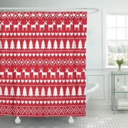 Curtains Shower Curtain Christmas Scandinavian Sweater Cute Xmas Trees Deers Hearts Waterproof Polyester Fabric 72 x 78 inches Set