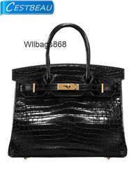 Women Handbag BK L High Gloss Crocodile Skin Full Hand Sewn Belly Bag for Womens 30cm Brand