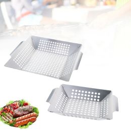 Pans Stainless Steel Square Vegetable Grill Tray With Perforated Grill Tray Outdoor Barbecue Tool BBQ Vegetable Fish Kabob Grill Pan