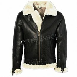mens Black Leather Jacket Genuine Sheepskin Aviator Fur Jacket l38C#