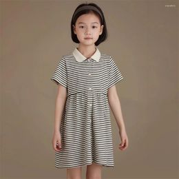 Girl Dresses Summer Stirped For Girls Short Sleeve A Line White Vintage Lapel Kids Dress Teen Party Vestidos Clothing 4-14y