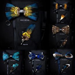 GUSLESON Exquisite Hand made Feather Bow Tie Brooch Pin Set With Gift Box Pre-tied Men Tie Bowtie For Wedding Party 240314