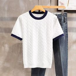 Men's T Shirts Oldyanup Men Jacquard Knitted Tshirts Contrast Colour Patchwork O-neck Tops Summer Ice Shred Elastic Thin Short Sleeve T-shirt