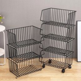 Baskets 1/3/5Layer Kitchen Vegetable Rack Metal Floor Stackable Shelves For Fruit Storage Basket Utility Rotating Wheels Organizadores