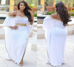 Stylish White Split Side Plus Size Prom Dresses Gold Beaded Off The Shoulder Evening Gowns Cheap Floor Length Chiffon Formal Dress6257503