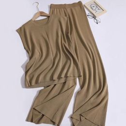 Women's Pants Knit Vest Wide-leg Trousers 2-piece Sets 2024 Summer Sleeveless Loose Crew Neck Jumper High-waisted