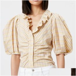 Womens Blouses Shirts Women Blouse Puff Half Sleeve Plaid Ruffles V-Neck Single Breasted Fashion Short Shirt Drop Delivery Apparel Clo Otsmd