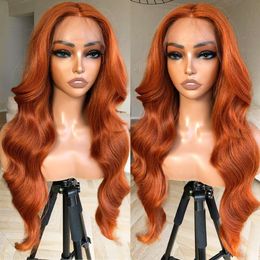 Blackswern Ginger Orange Front Glueless Lace Wig, Pre-plucked Pre-layered Body Wave Wig with Curtain Bangs for Black Women, 24