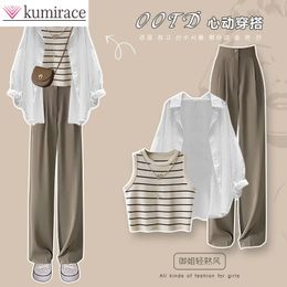 Spring and Autumn Set Womens Large Womens Casual Shirt Knitted Tank Top High Waist Wide Leg Pants Three Piece Set 240325
