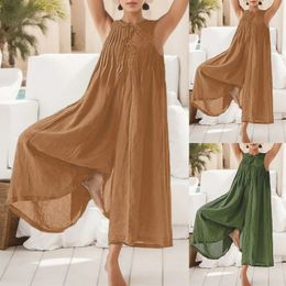 Sleeveless Jumpsuit Women Cotton Linen Flowy Wide Leg Pants Overalls Solid Colour Casual Rompers Oversized Combinaison Femme 240315