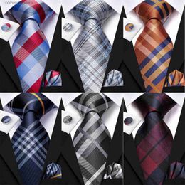 Neck Ties Neck Ties Hi-Tie Designer Silk Wedding Tie For Men Blue White Plaid Handky Cufflink Set Fashion Necktie For Men Business Party Wholesale Y240325