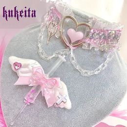 Kukeita Handmade Kawaii Angel Wing Bow Choker Y2k Harajuku Love Rhinestone Ruffles Chain Syringe Necklace Lolita Accessories 240315