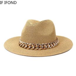 Wide Brim Hats Bucket Hats Fashionable gold chain with Panama straw hat suitable for womens summer breathable beach sun hat elegant womens party jazz hat J240325