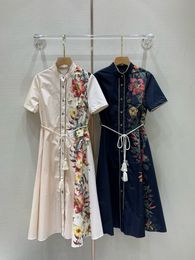 2024 Summer New European Women's Flower Print Woven Edge Waist Wrap A Swing Short Sleeve Long Dress