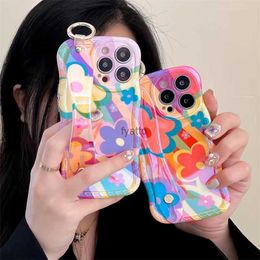 Cell Phone Cases Colorful Flowers Wristband Bracket Phone Case For iphone 13 11 12 14 Pro Max 12Pro Shockproof Bumper Silicone Soft Cover coque H240326