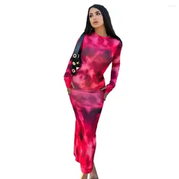 Casual Dresses Sexy Spring Fall Women Dress Round Neck Slim Skinny Long Sleeve Tie-dye Ankle Length